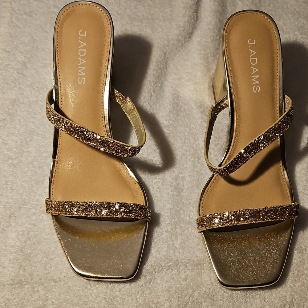 J. Adams Gold Glitter Strappy Block Heel Sandals Women's Size 10
